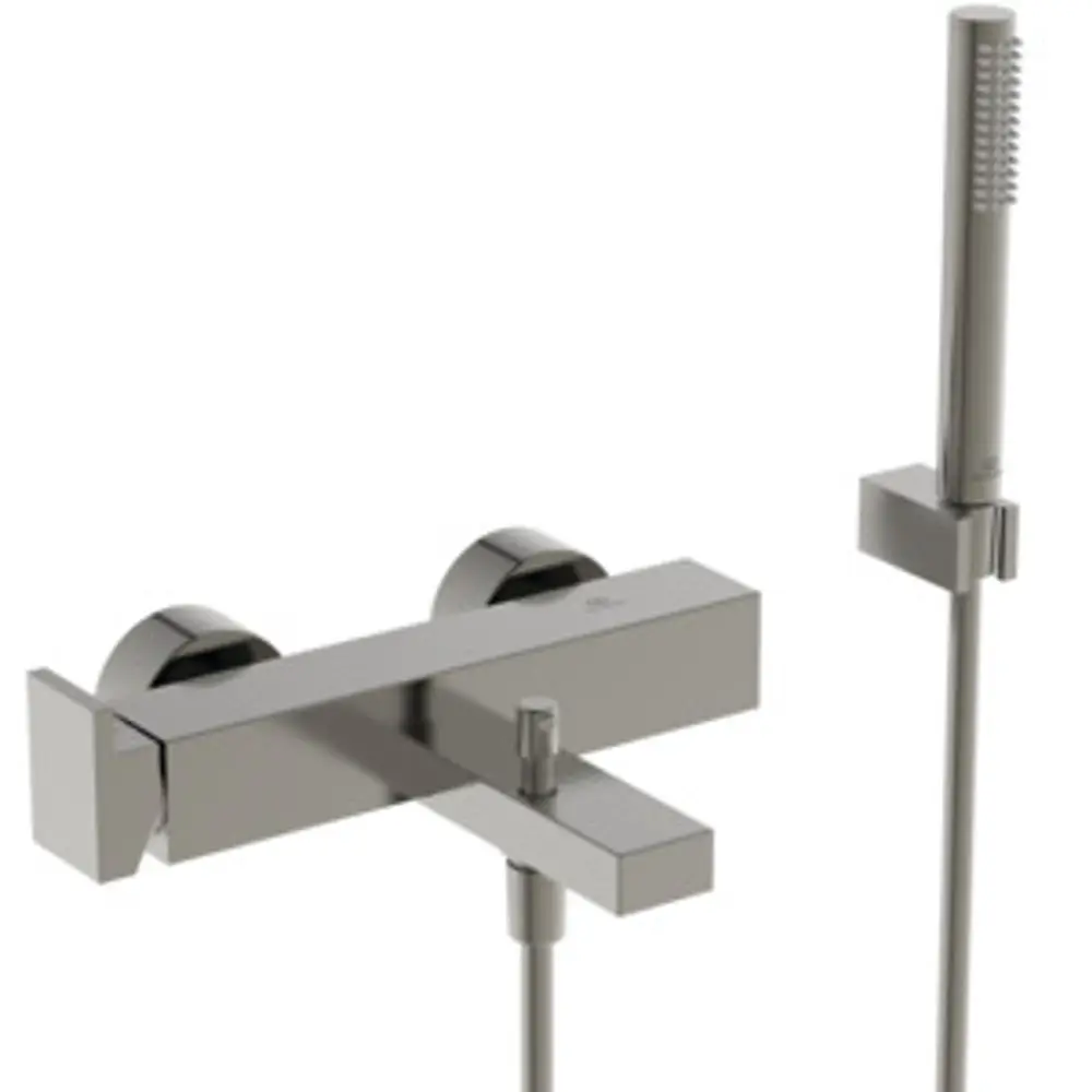 Waschtischarmatur in modernem Design mit einem Handbrausekopf und zwei Bedienknöpfen, gefertigt von Ideal Standard. Verchromte Oberfläche.